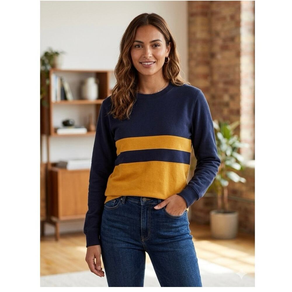 Zara collegiate casual Colorblock Crewneck Sweatshirt Navy Blue Yellow Stripe